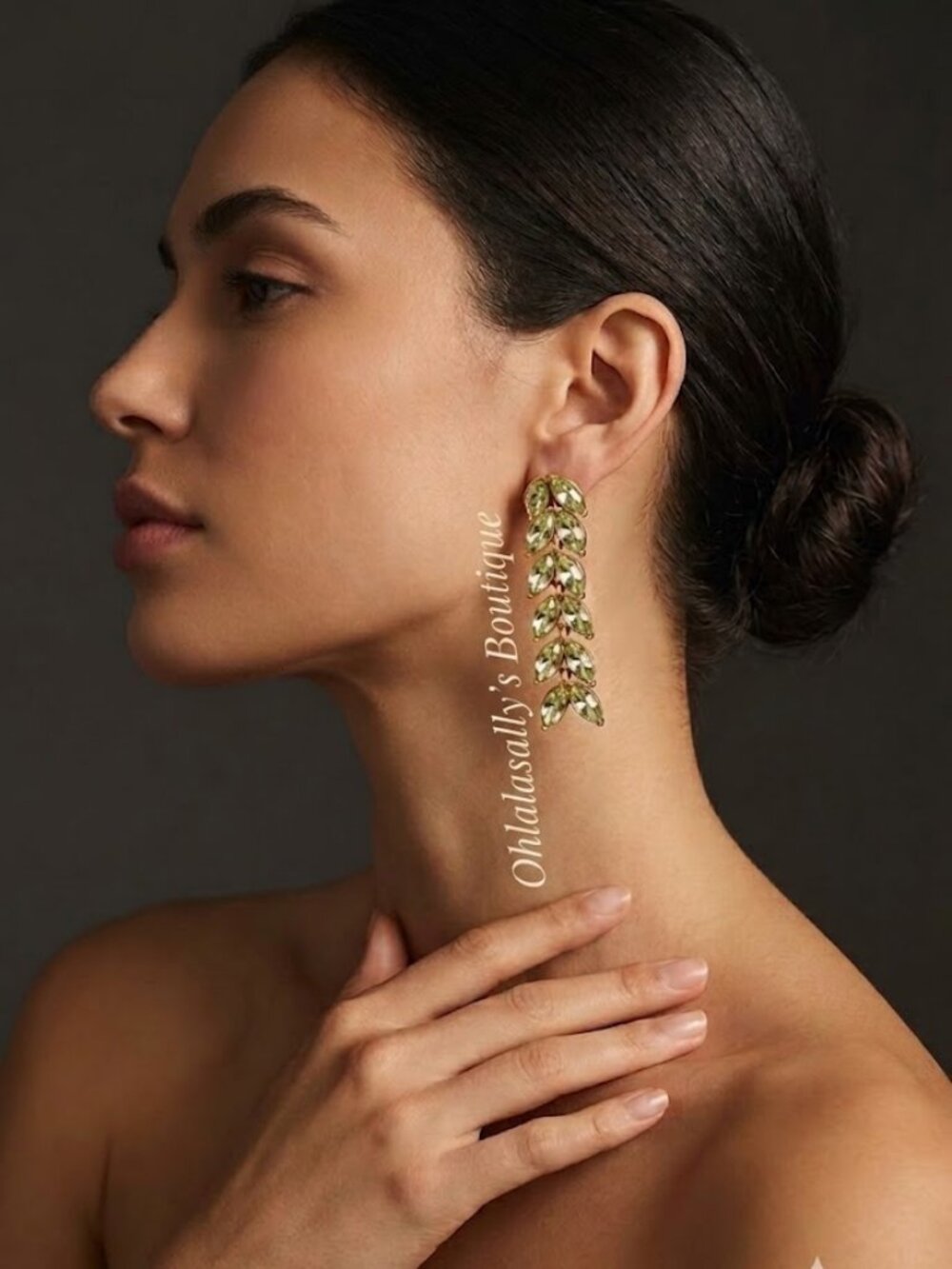 Oscar de la Renta Gold-Tone Earrings with Pale Green Crystal Leaves
